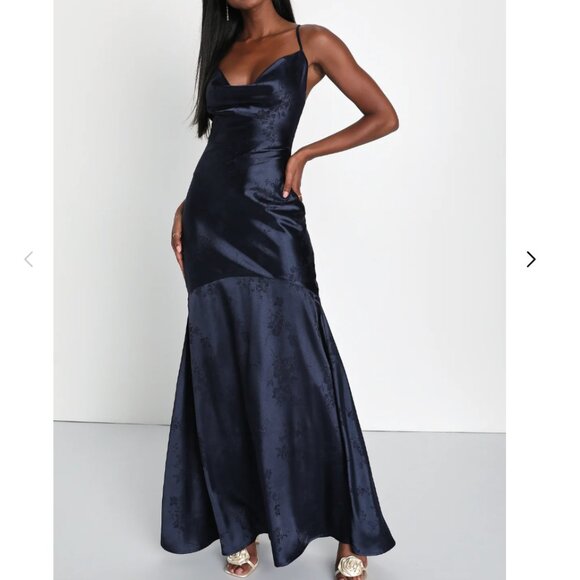Lulus Sweet Endeavors Navy Blue Satin Jacquard Cowl Neck Maxi Dress Size Large - Picture 1 of 3